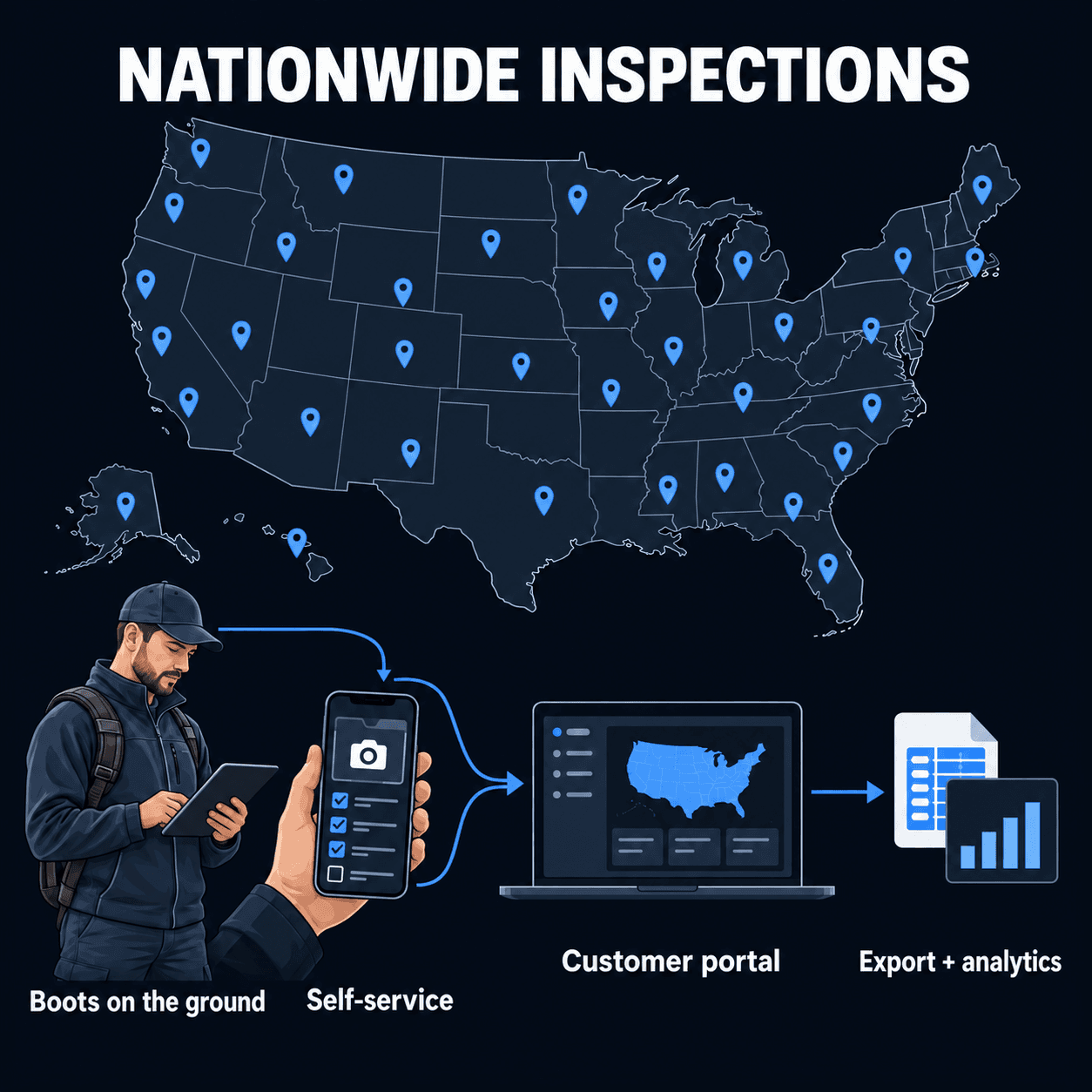 Nationwide inspection coverage across the United States: field inspectors and self-service smartphone inspections deliver results to a customer portal for export to external systems and analytics.